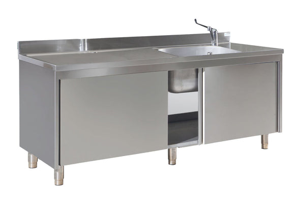 Mesa con armario de acero inoxidable y fregadero a la derecha