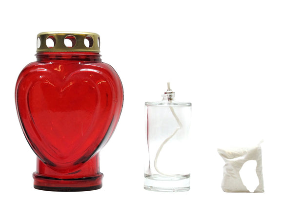 Grablicht Herz, Glas, rot, 11,5 cm x 8,5 cm, 17,5 cm H, mit Golddeckel