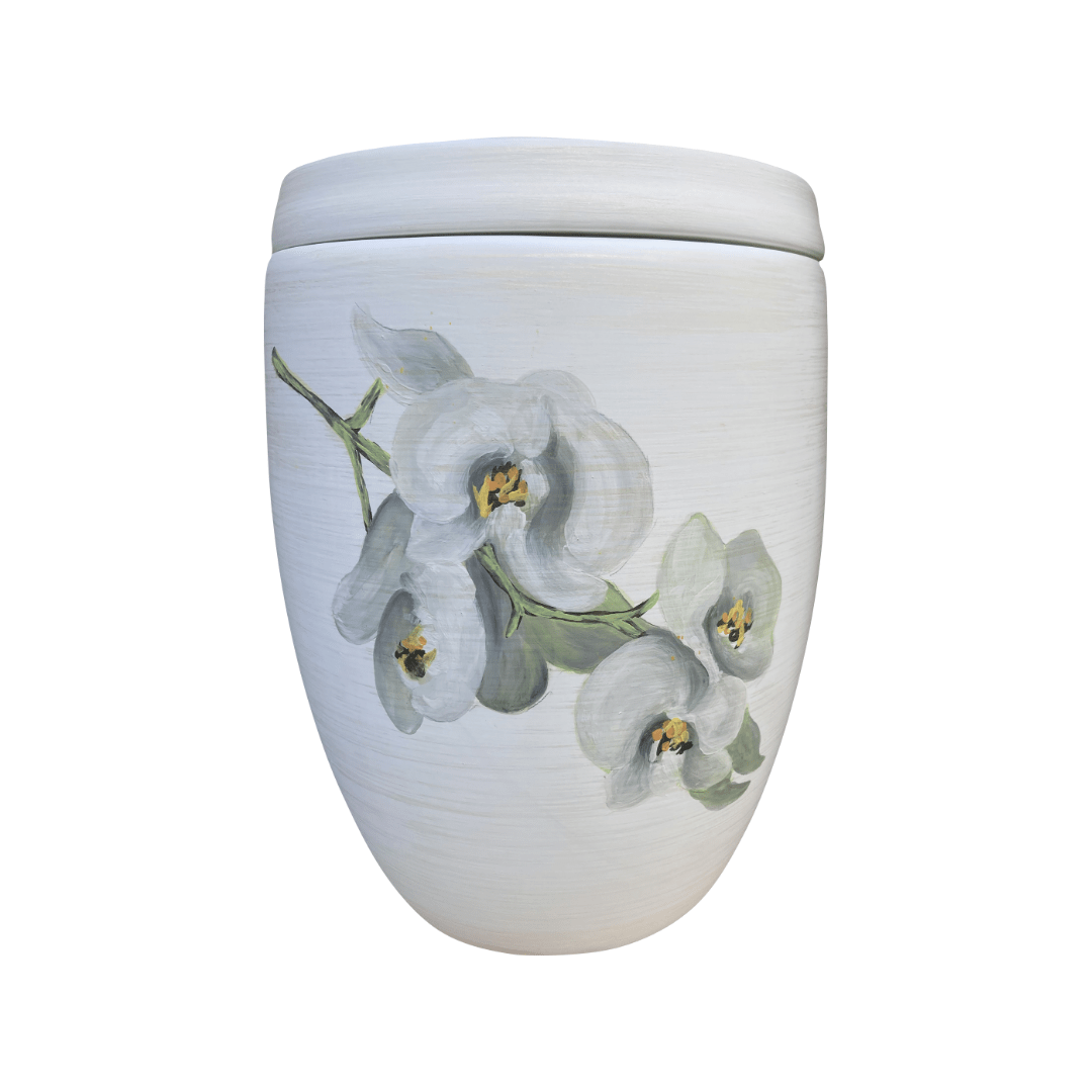 weisse urne mit orchidee Alto Urne Caritas Blumen