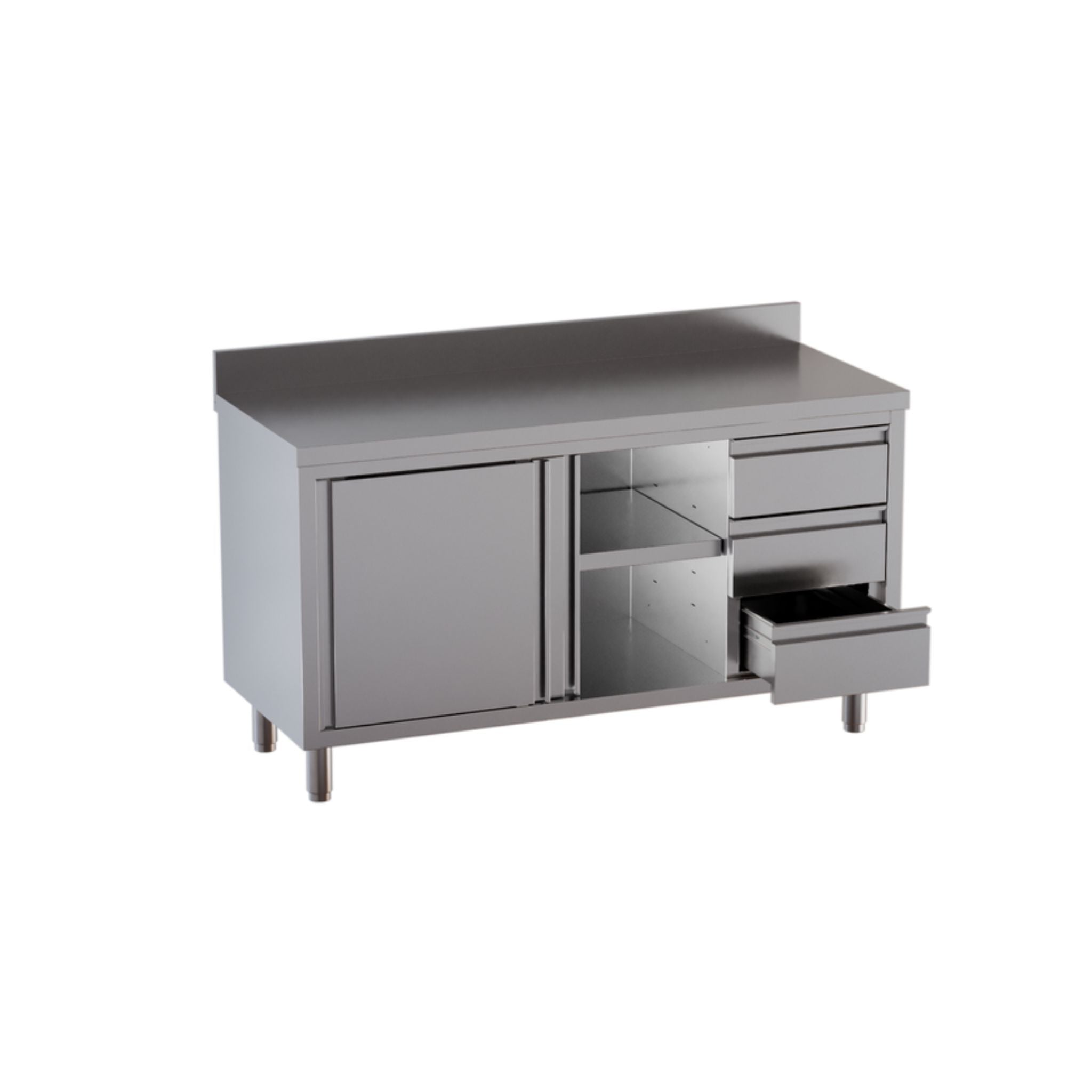 Standard stainless steel work cabinet with hinged doors or sliding doors and 3 drawers