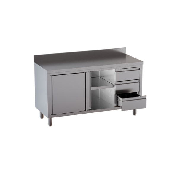 Edelstahl Arbeitsschrank Standard mit Flügeltüren oder Schiebetüren und 3 Schubladen