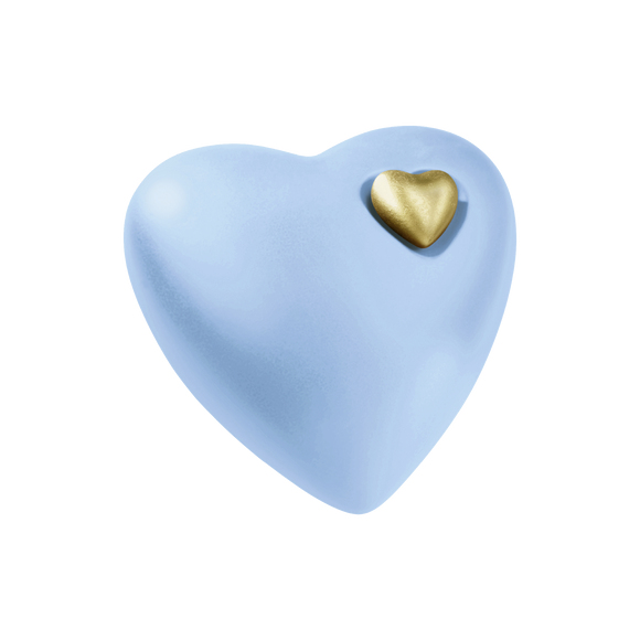 Urna marina in argilla organica a forma di cuore di fuoco e di terra, di colore verde acqua