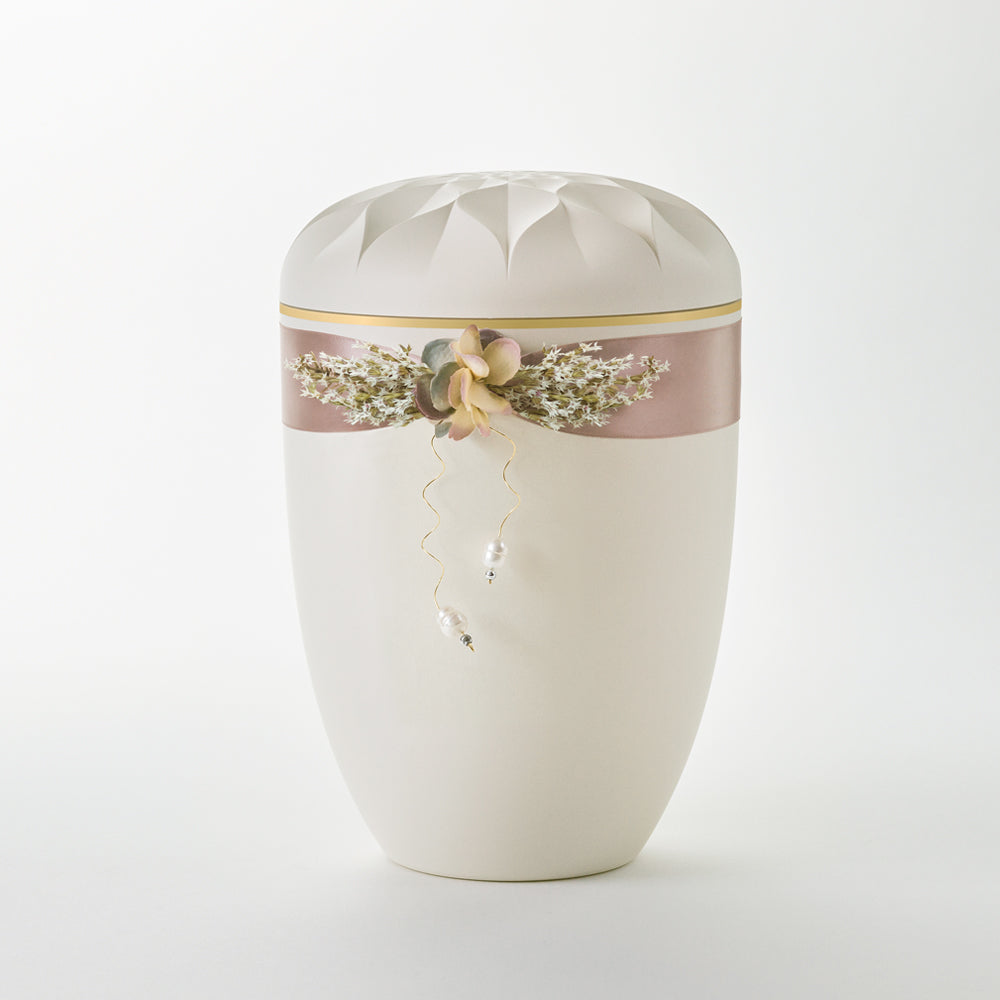 Kaufen auf-urne-apfelblute-cremeweiss Samosa Urne Satinschmuck mit Perlen Reliefurne