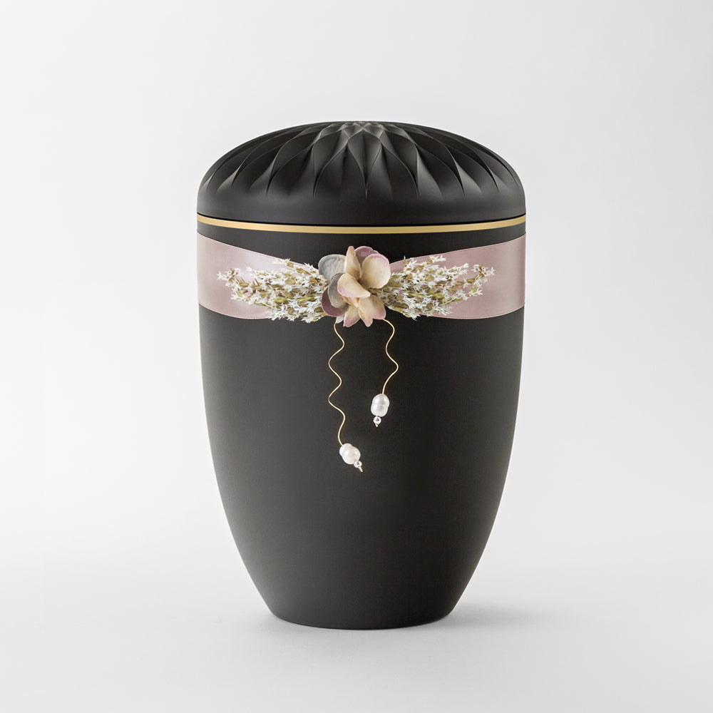 Kaufen auf-urne-dahlie-anthrazit Samosa Urne Satinschmuck mit Perlen Reliefurne