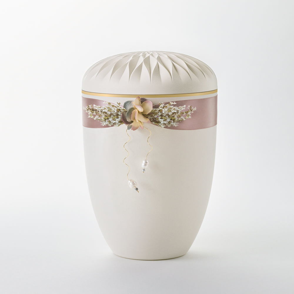 Kaufen auf-urne-dahlie-cremeweiss Samosa Urne Satinschmuck mit Perlen Reliefurne