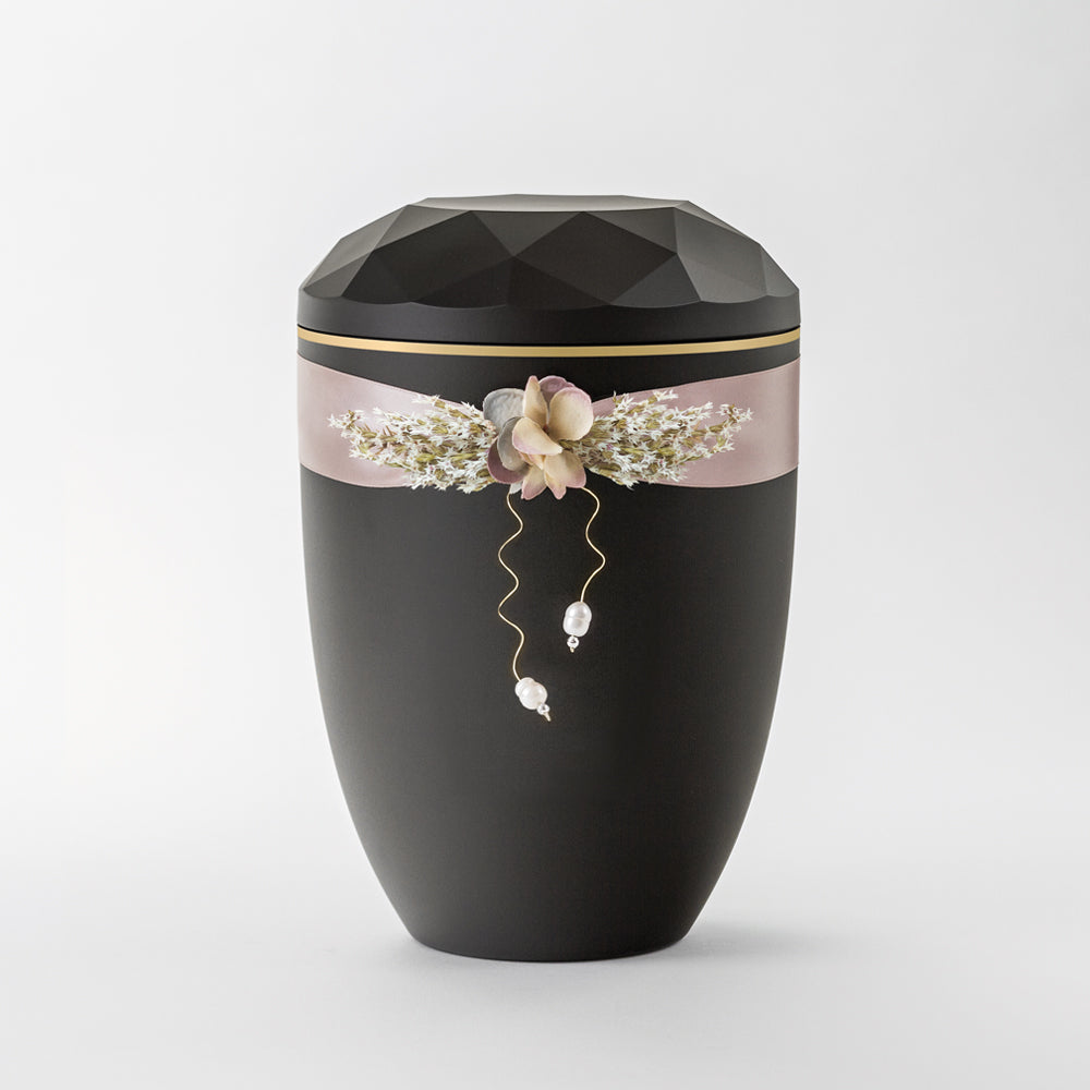 Kaufen auf-urne-diamant-anthrazit Samosa Urne Satinschmuck mit Perlen Reliefurne
