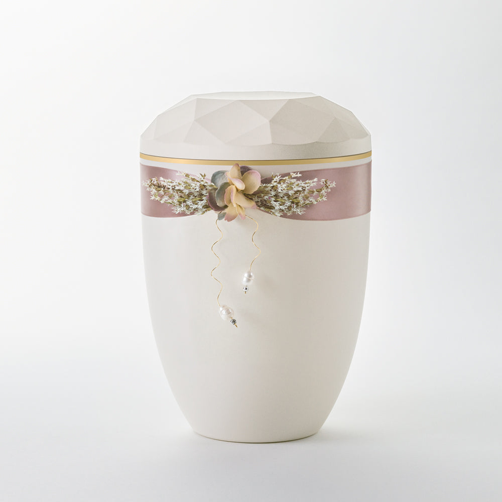 Kaufen auf-urne-diamant-cremeweiss Samosa Urne Satinschmuck mit Perlen Reliefurne