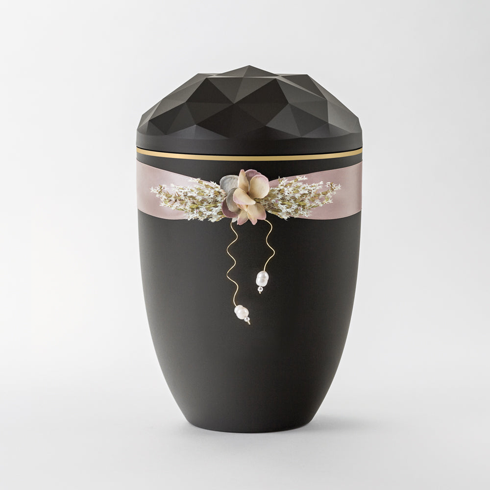 Kaufen auf-urne-kristall-anthrazit Samosa Urne Satinschmuck mit Perlen Reliefurne