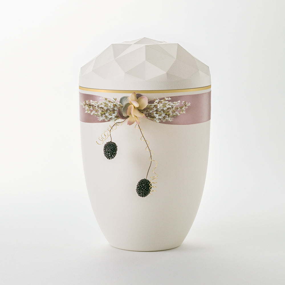 Kaufen auf-urne-kristall-cremeweiss Samosa Urne Satinschmuck mit Beeren Reliefurne