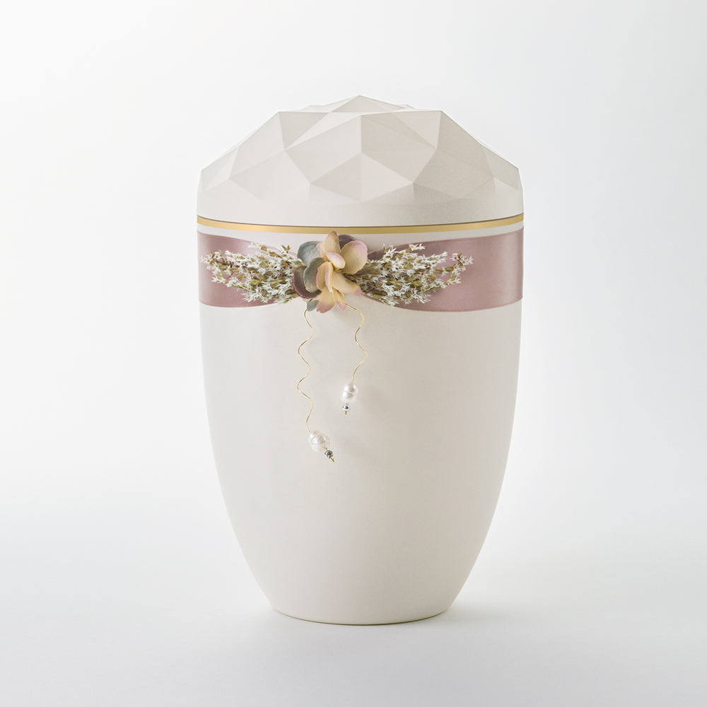 Kaufen auf-urne-kristall-cremeweiss Samosa Urne Satinschmuck mit Perlen Reliefurne