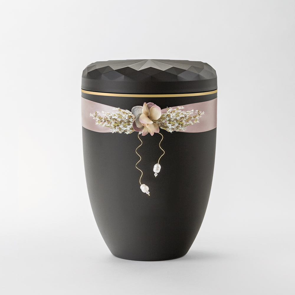 Kaufen auf-urne-mohnkapsel-anthrazit Samosa Urne Satinschmuck mit Perlen Reliefurne