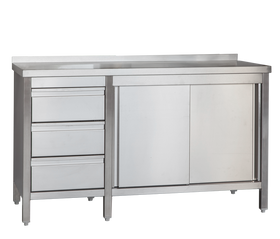 Edelstahl Arbeitsschrank professional mit Schiebetüren und 3 Schubladen