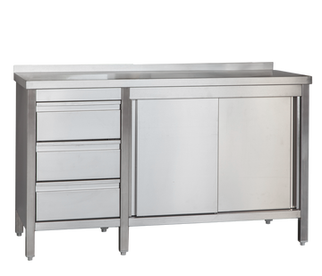 Edelstahl Arbeitsschrank professional mit Schiebetüren und 3 Schubladen