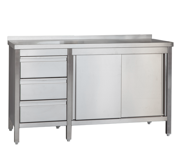 Edelstahl Arbeitsschrank professional mit Schiebetüren und 3 Schubladen