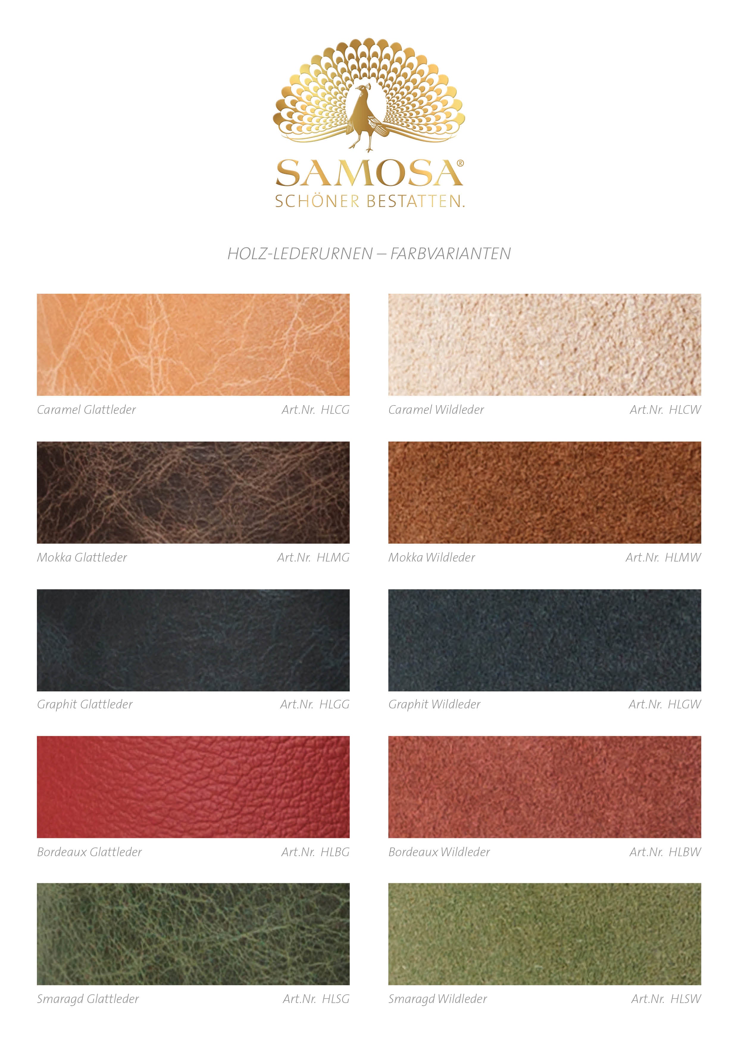 SAMOSA sample card "Wooden leather urns"