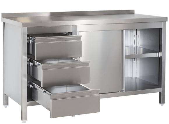 Edelstahl Arbeitsschrank professional mit Schiebetüren und 3 Schubladen