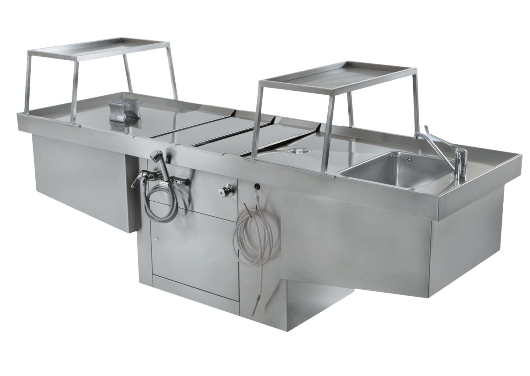 Stainless steel autopsy table with organ basin
