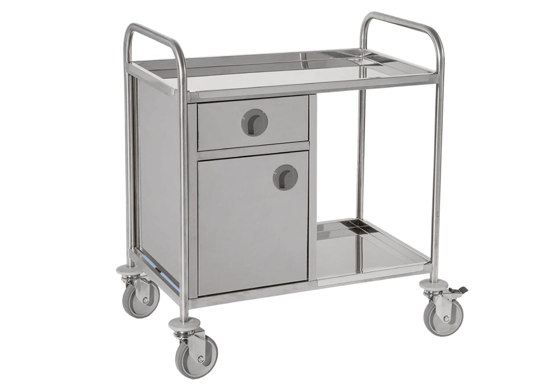 Stainless steel side trolley 2 shelves cupboard and drawer