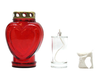 Grablicht Herz, Glas, rot, 11,5 cm x 8,5 cm, 17,5 cm H, mit Golddeckel