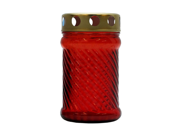 Grablicht Glas, rot, Ø 7 cm, 13 cm H, mit Golddeckel