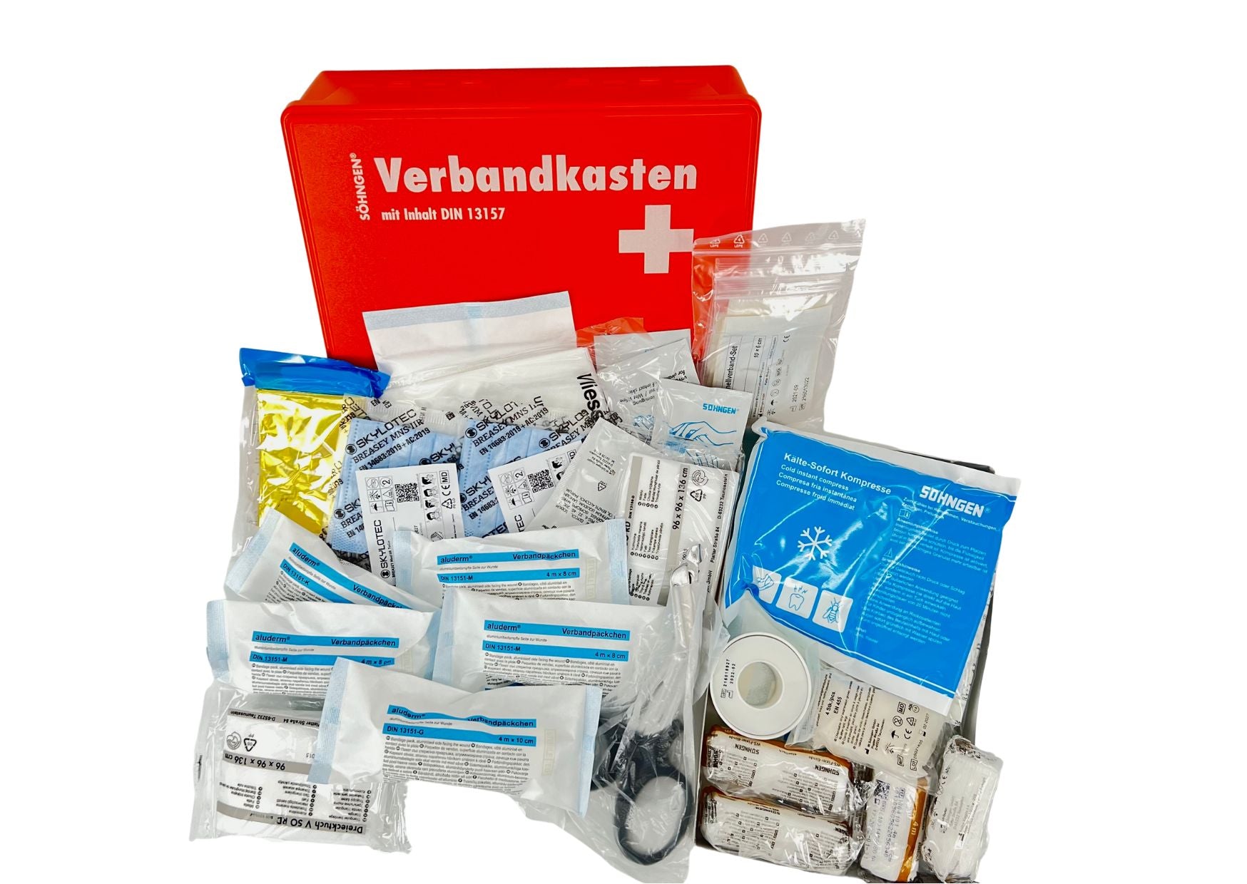 First aid kit small, filled according to DIN 13157, plastic, 72 pieces