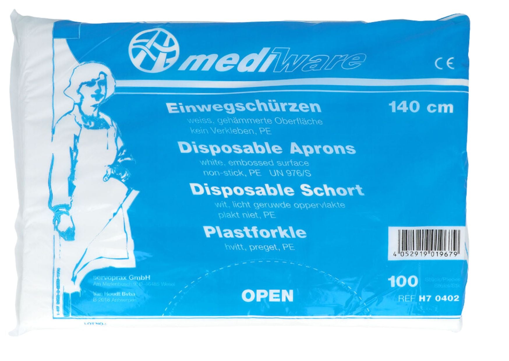 PE disposable aprons in white - 140cm - 100 pieces